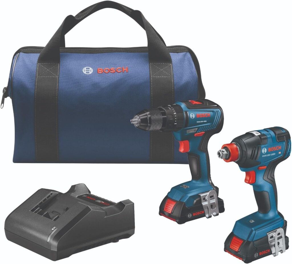 BOSCH GXL18V-240B22 18V 2-Tool Combo Kit with 1/2 In. Hammer Drill/Driver, Two-In-One 1/4 In. and 1/2 In. Bit/Socket Impact Driver/Wrench and (2) 2 Ah Standard Power Batteries