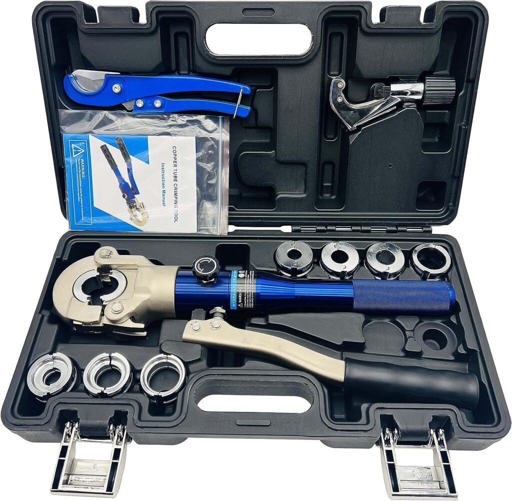 Copper press tool Copper Pipe Crimping Tool copper tube fittings crimping tool with 1/2, 3/4, 1 for copper pipe and 3/8,1/2,5/8,3/4,1 Dies for ASTM F1807 Pex Pipe Copper Ring (IG-1632E)